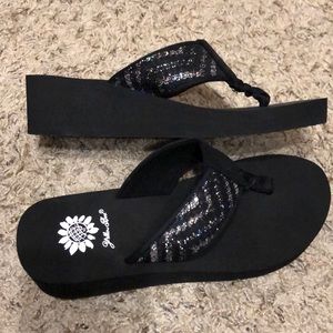 Yellow box wedge flip flops